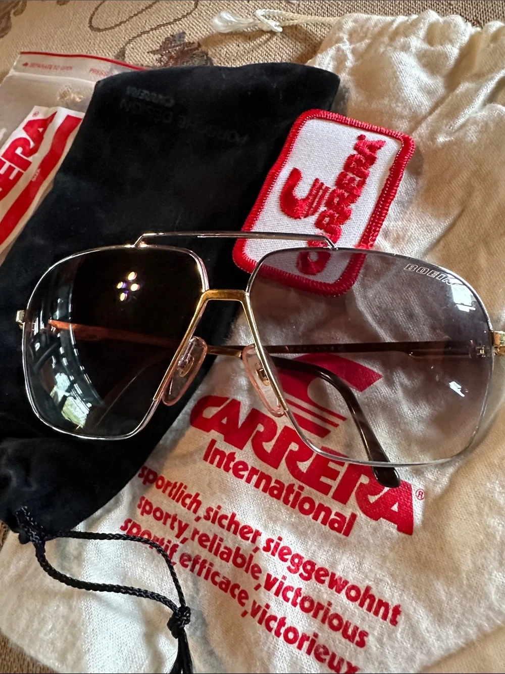 Vintage Boeing Carrera Gold and Silver Frame Sunglasses with Dark Lenses